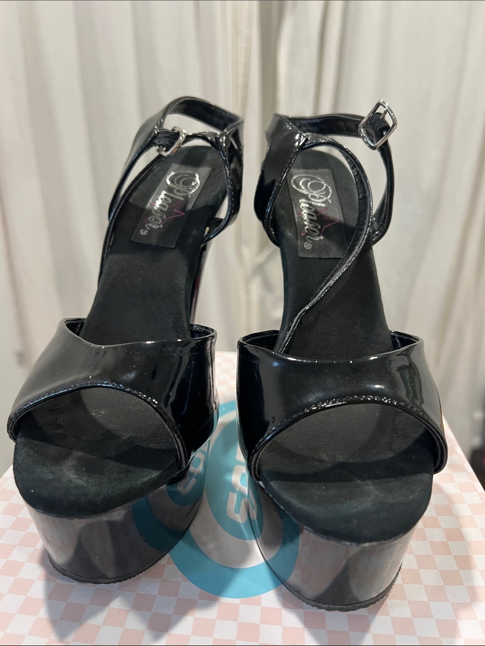 Pleaser Black Patent Platform Ankle-Strap stilettos